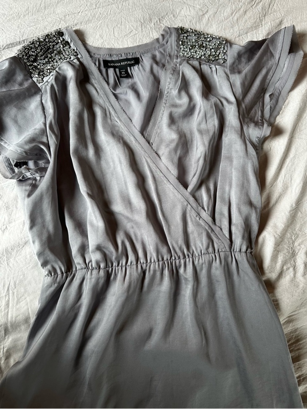 Banana Republic Light Gray Midi Wrap Dress with Beaded Shoulders